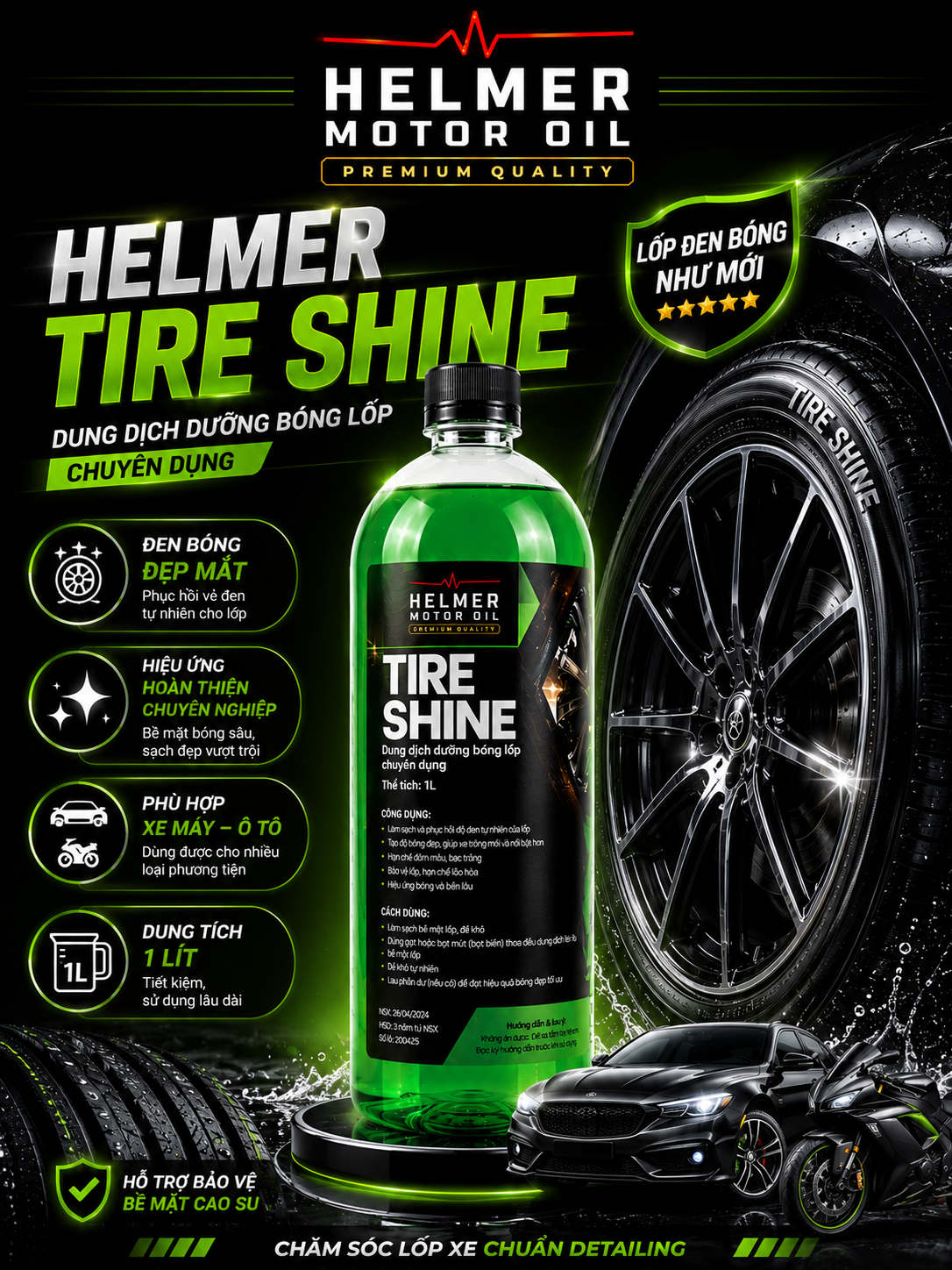 Dung Dịch Dưỡng Bóng Lốp Ô Tô Xe Máy Helmer Tire Shine 1L – Làm Đen, Chống Bám Bụi - Ảnh 2