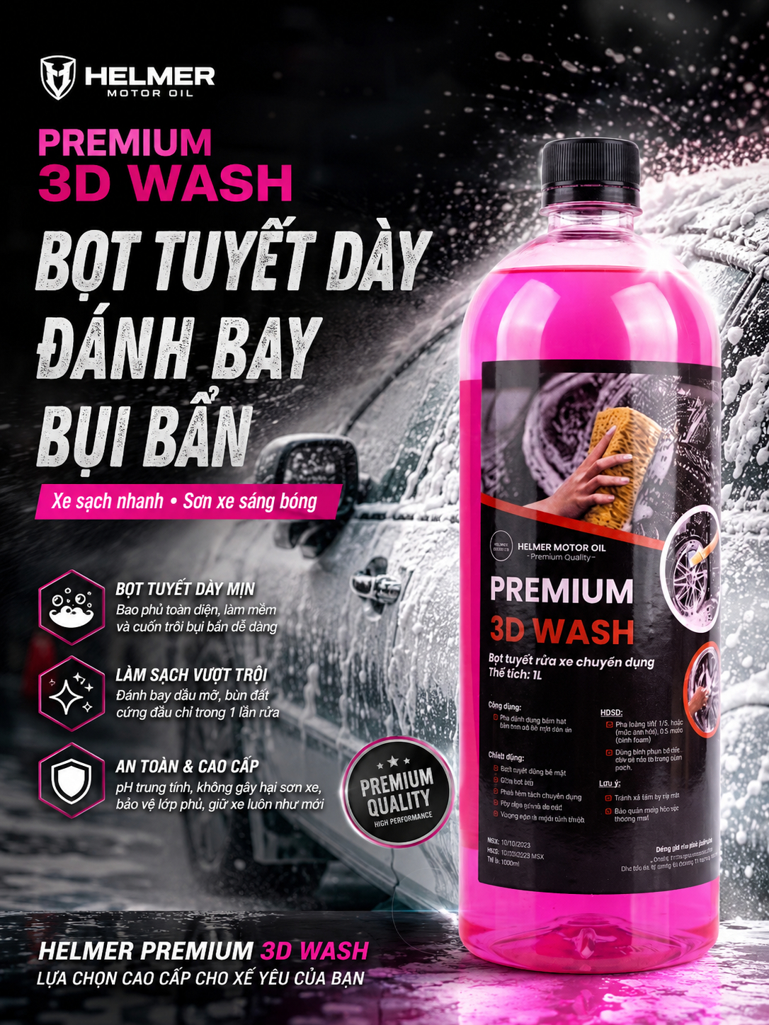 dầu động cơ Nước Rửa Xe Bọt Tuyết Helmer Premium 3D Wash 1L – Dung Dịch Rửa Xe Ô Tô Xe Máy Siêu Sạch