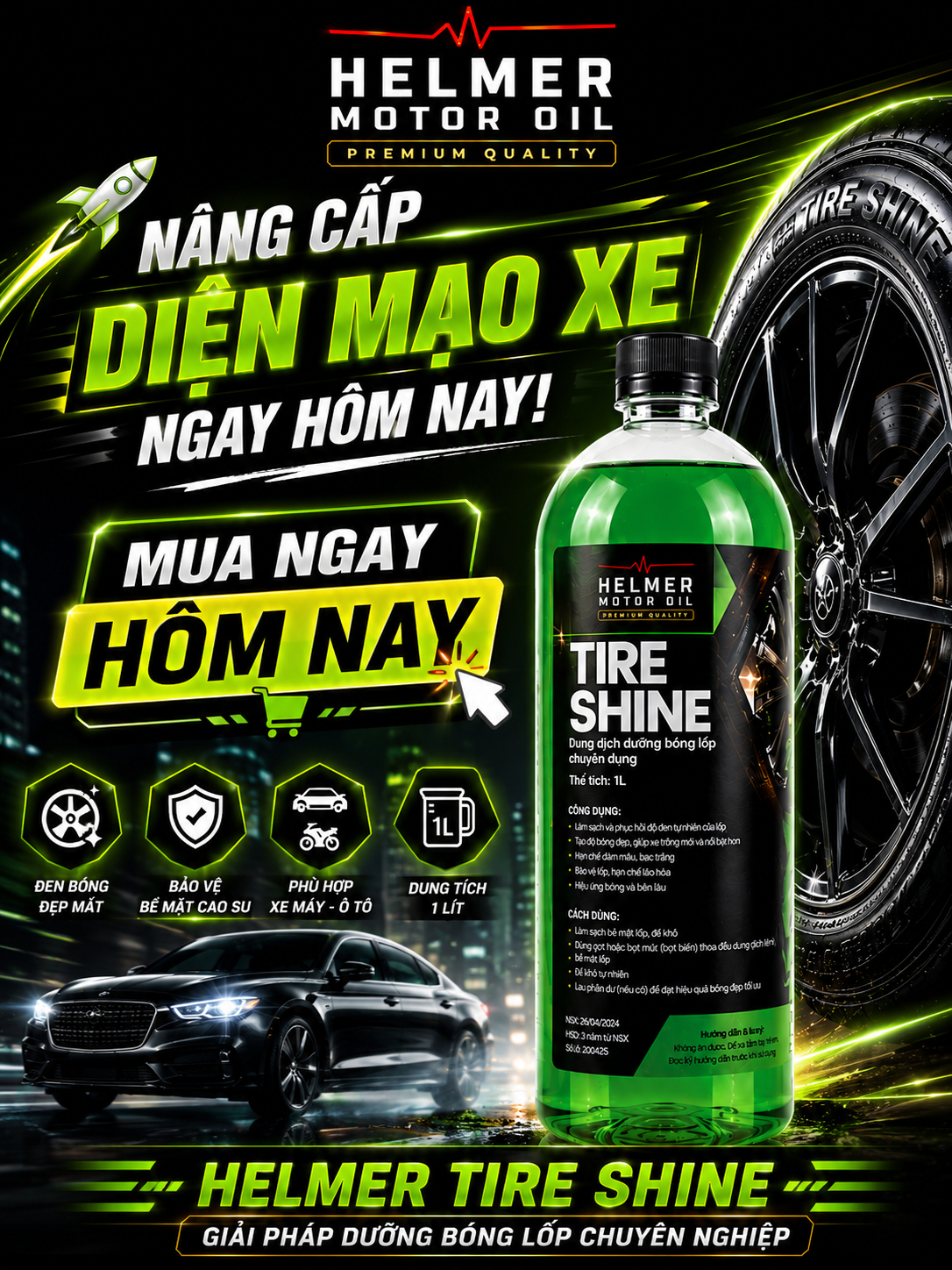 Dung Dịch Dưỡng Bóng Lốp Ô Tô Xe Máy Helmer Tire Shine 1L – Làm Đen, Chống Bám Bụi - Ảnh 7