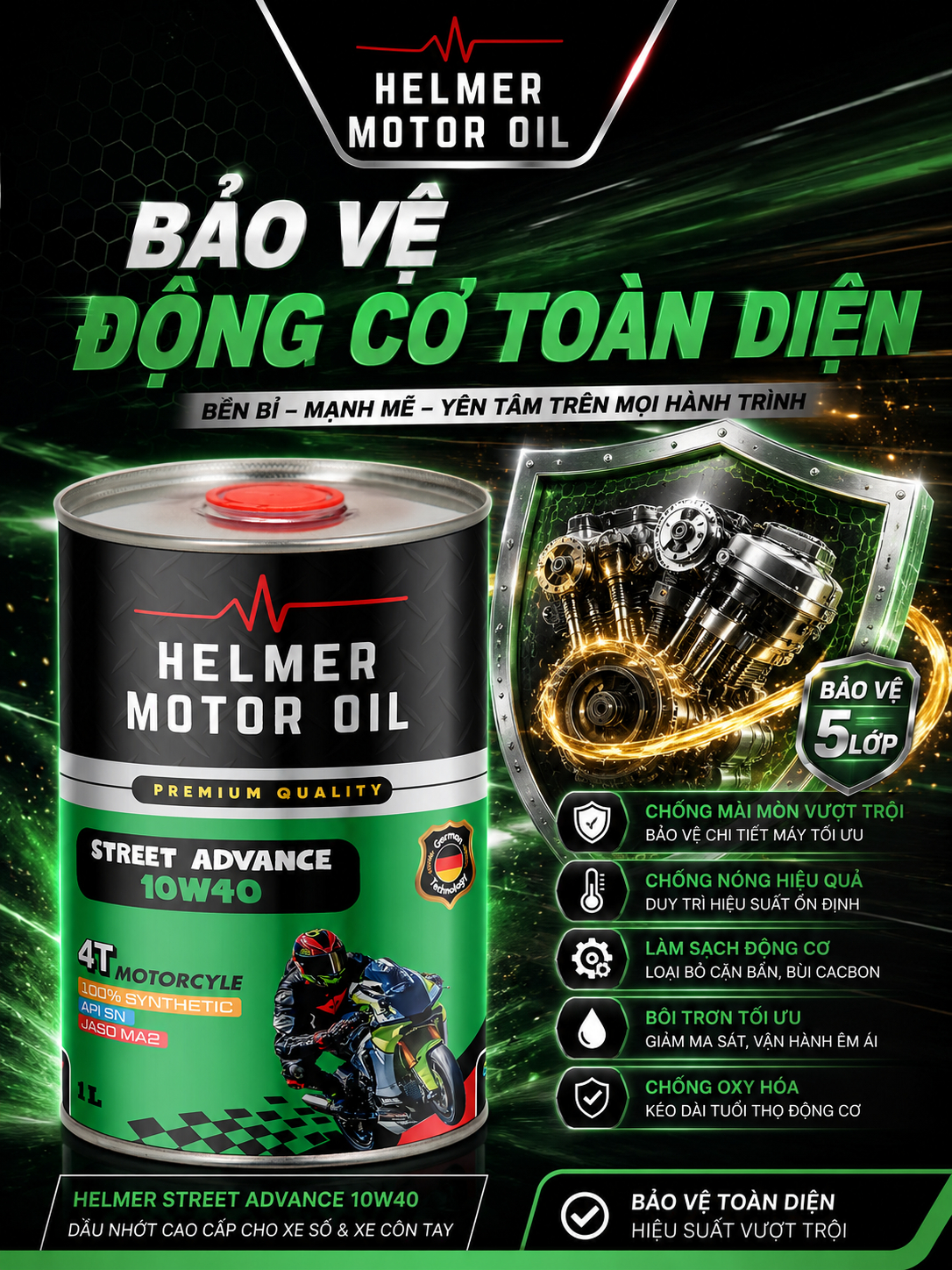 dầu động cơ Dầu Nhớt Xe Máy Số Helmer Street Advance 10W40 100% Synthetic 1L