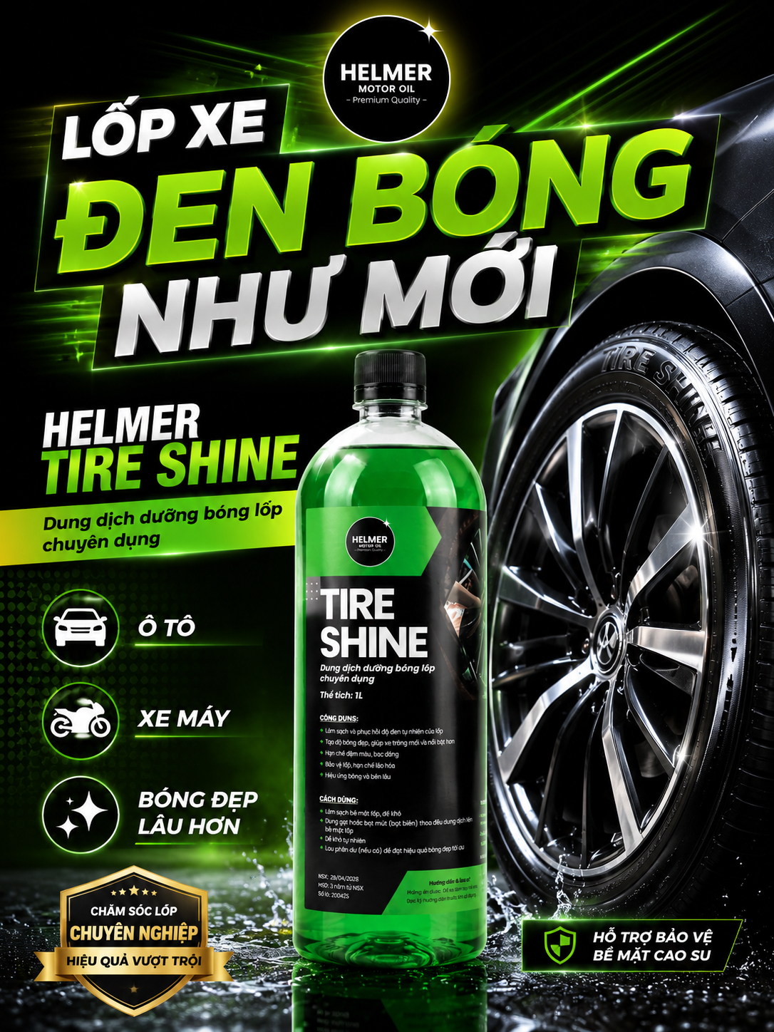 Dưỡng bóng lốp Helmer Tire Shine giúp lốp xe đen bóng như mới, dễ sử dụng, phù hợp ô tô và xe máy