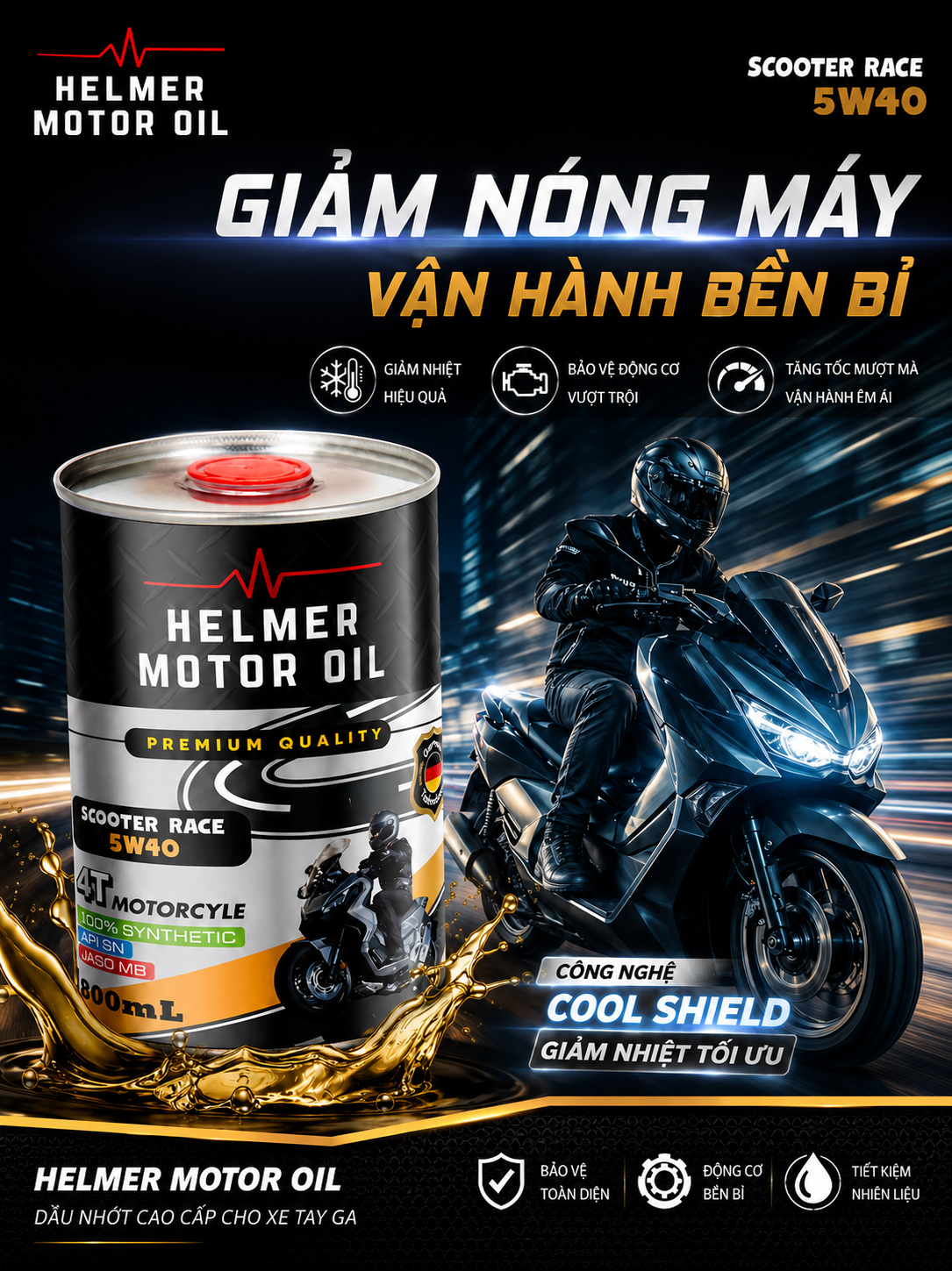 dầu động cơ Dầu Nhớt Xe Tay Ga Helmer Scooter Race 5W40 - 800ml