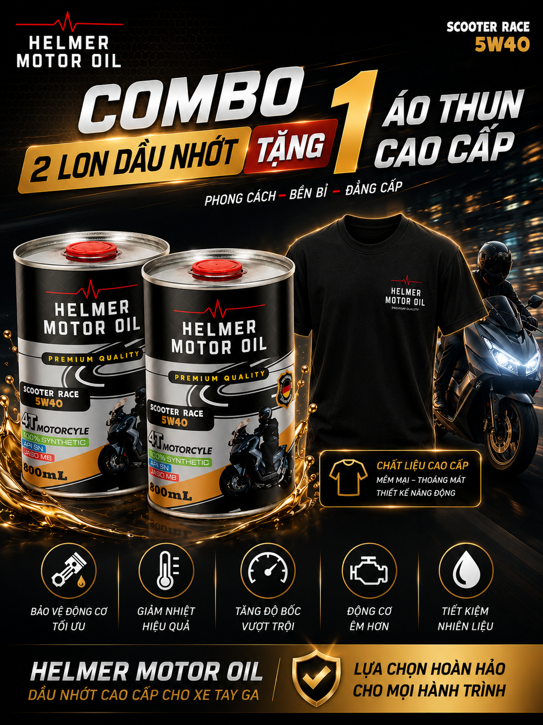 dầu động cơ Combo 2 Lon Dầu Nhớt Xe Tay Ga Helmer Scooter Race 5W40 - 800ml
