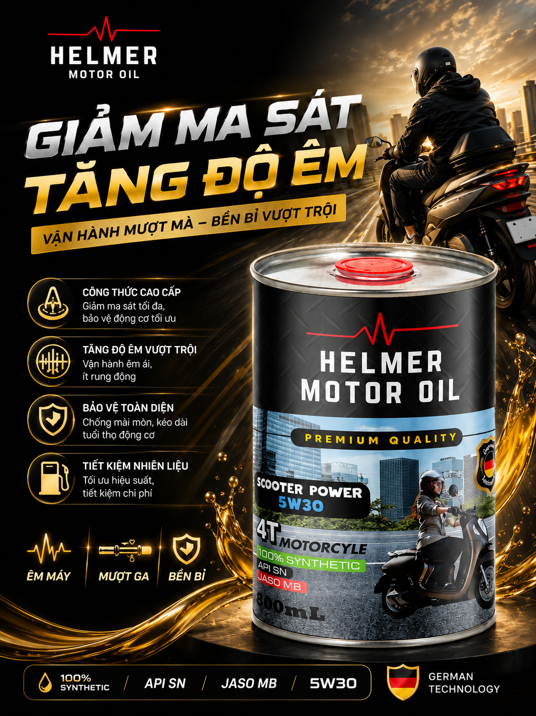 dầu động cơ Dầu Nhớt Xe Tay Ga Helmer Scooter Power 5W30 - 800ml