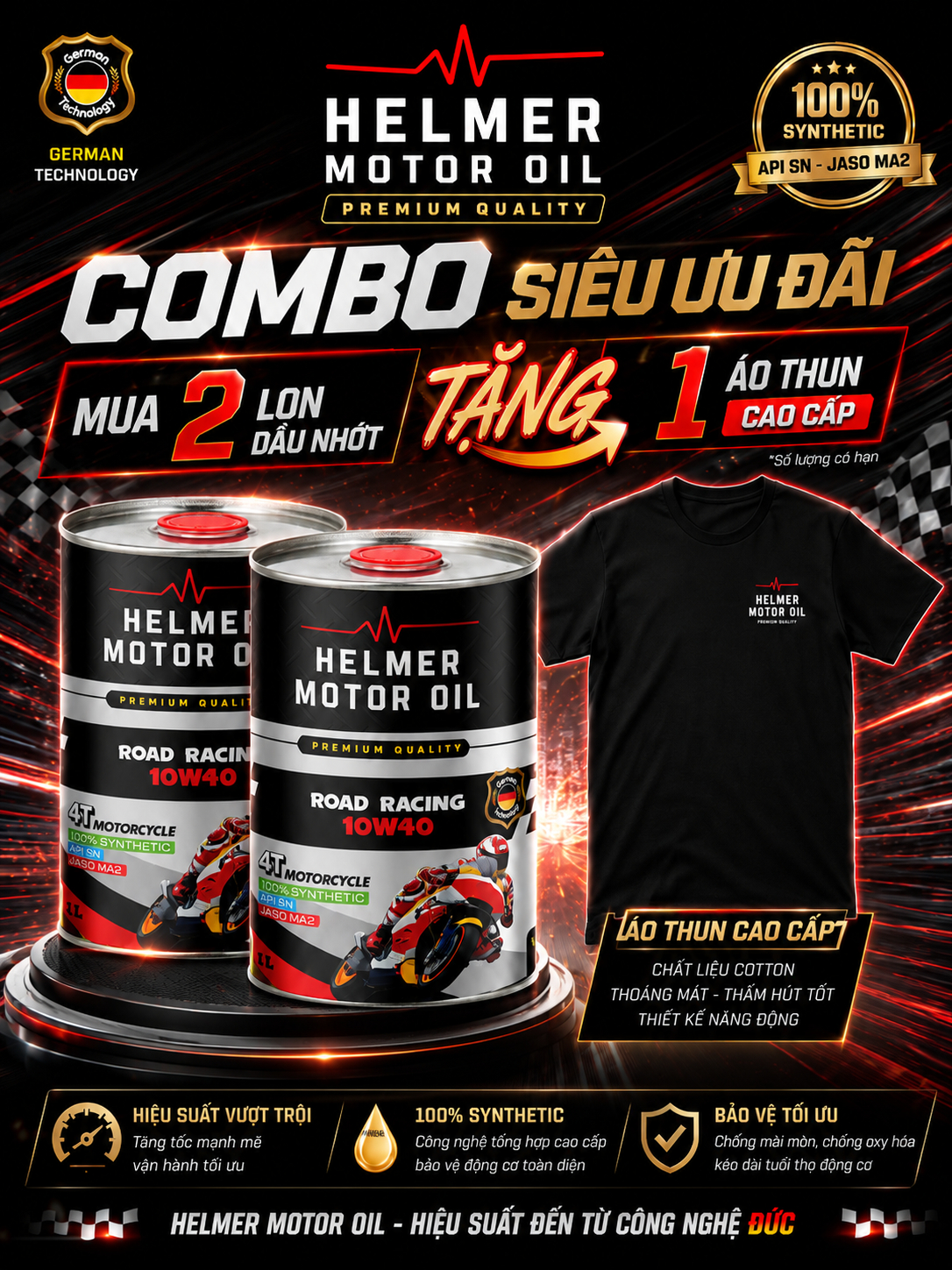 dầu động cơ Combo 2 Lon Dầu Nhớt Xe PKL Helmer Road Racing 10W40 XP – 1000ml