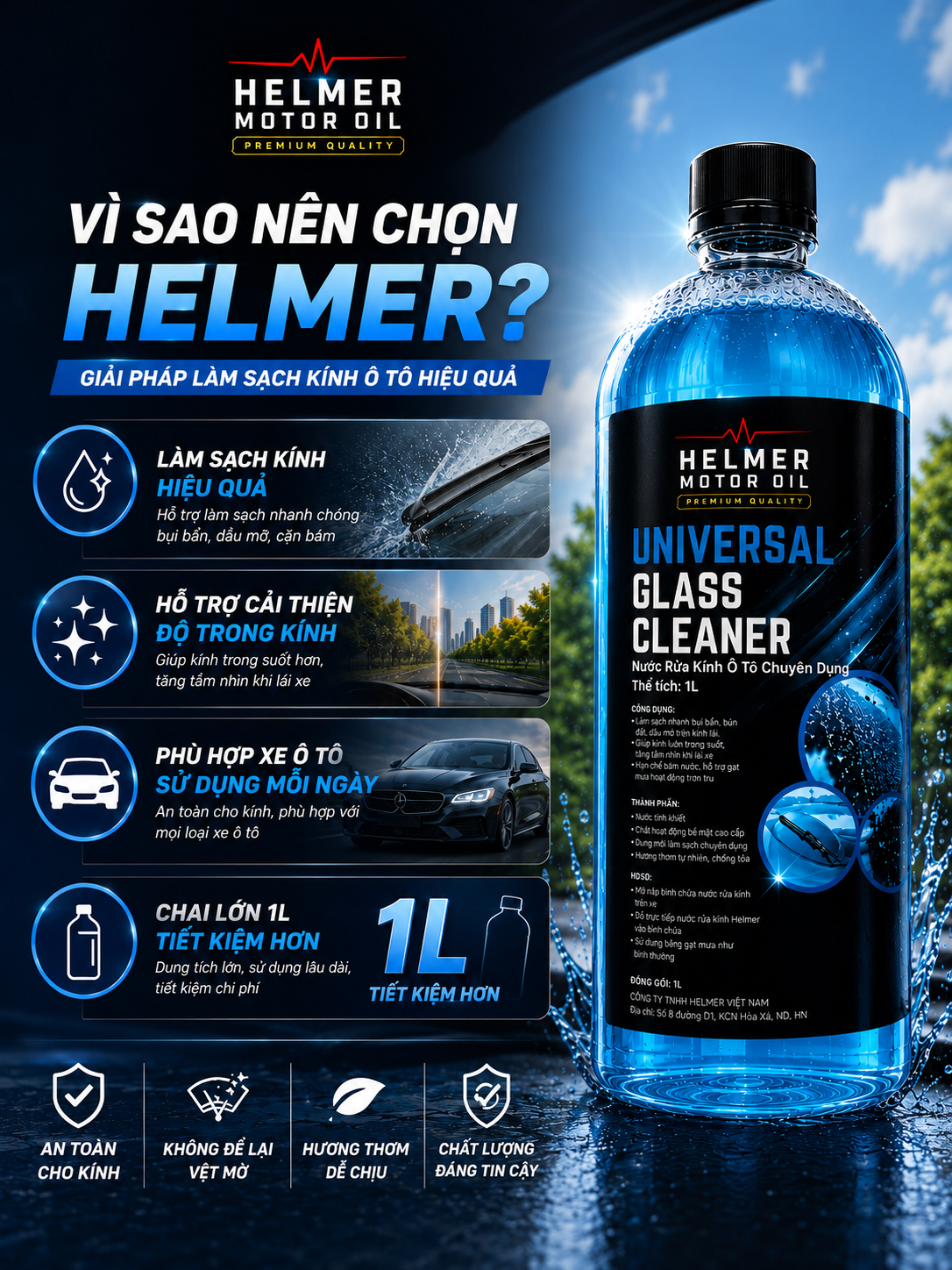 Nước Rửa Kính Ô Tô Helmer Universal Glass Cleaner 1L – Sạch Nhanh, Không Để Lại Vệt - Ảnh 5