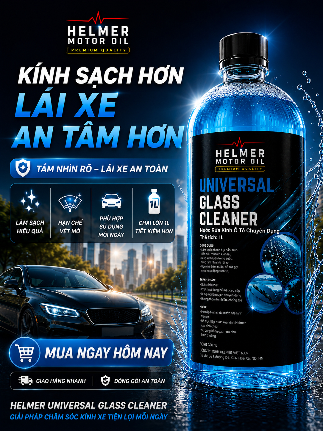 Nước Rửa Kính Ô Tô Helmer Universal Glass Cleaner 1L – Sạch Nhanh, Không Để Lại Vệt - Ảnh 4