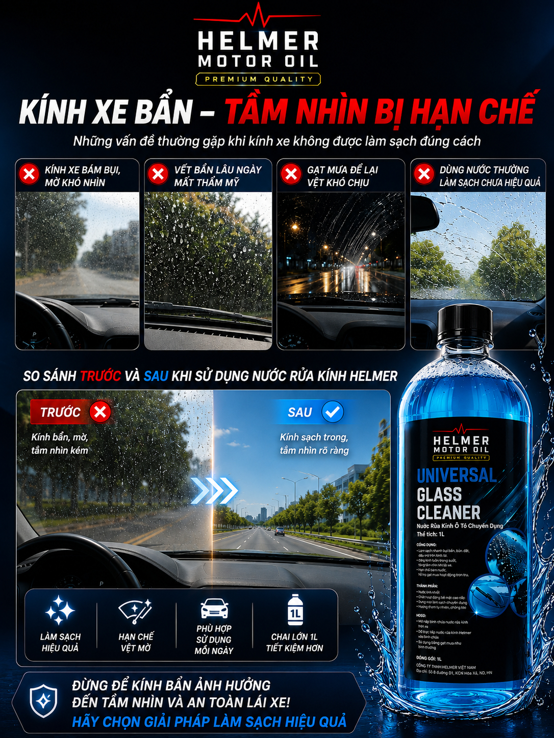 Nước Rửa Kính Ô Tô Helmer Universal Glass Cleaner 1L – Sạch Nhanh, Không Để Lại Vệt - Ảnh 3