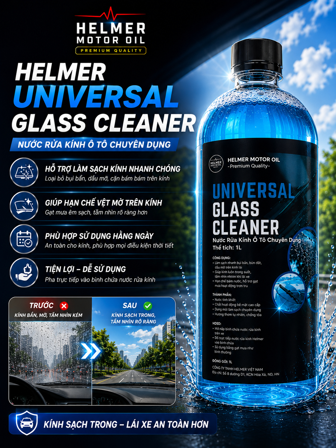Nước Rửa Kính Ô Tô Helmer Universal Glass Cleaner 1L – Sạch Nhanh, Không Để Lại Vệt - Ảnh 2