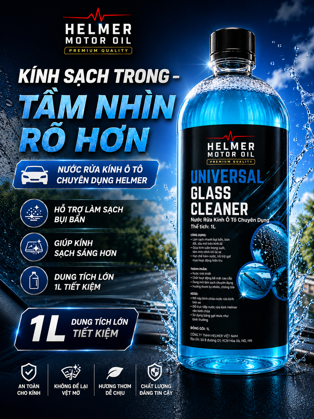 dầu động cơ NƯỚC RỬA KÍNH Ô TÔ HELMER – KÍNH SẠCH TRONG, TẦM NHÌN RÕ