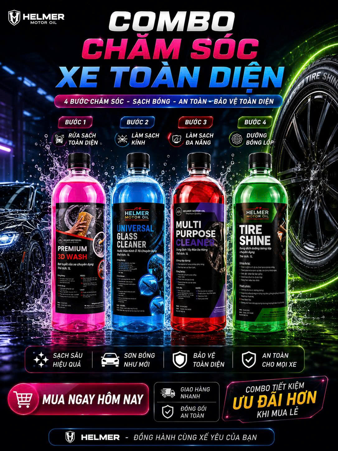 COMBO CHĂM SÓC XE TOÀN DIỆN (Bọt tuyết + Nước Rửa Kính + Dưỡng Bóng Lốp +Tẩy Đa Năng)