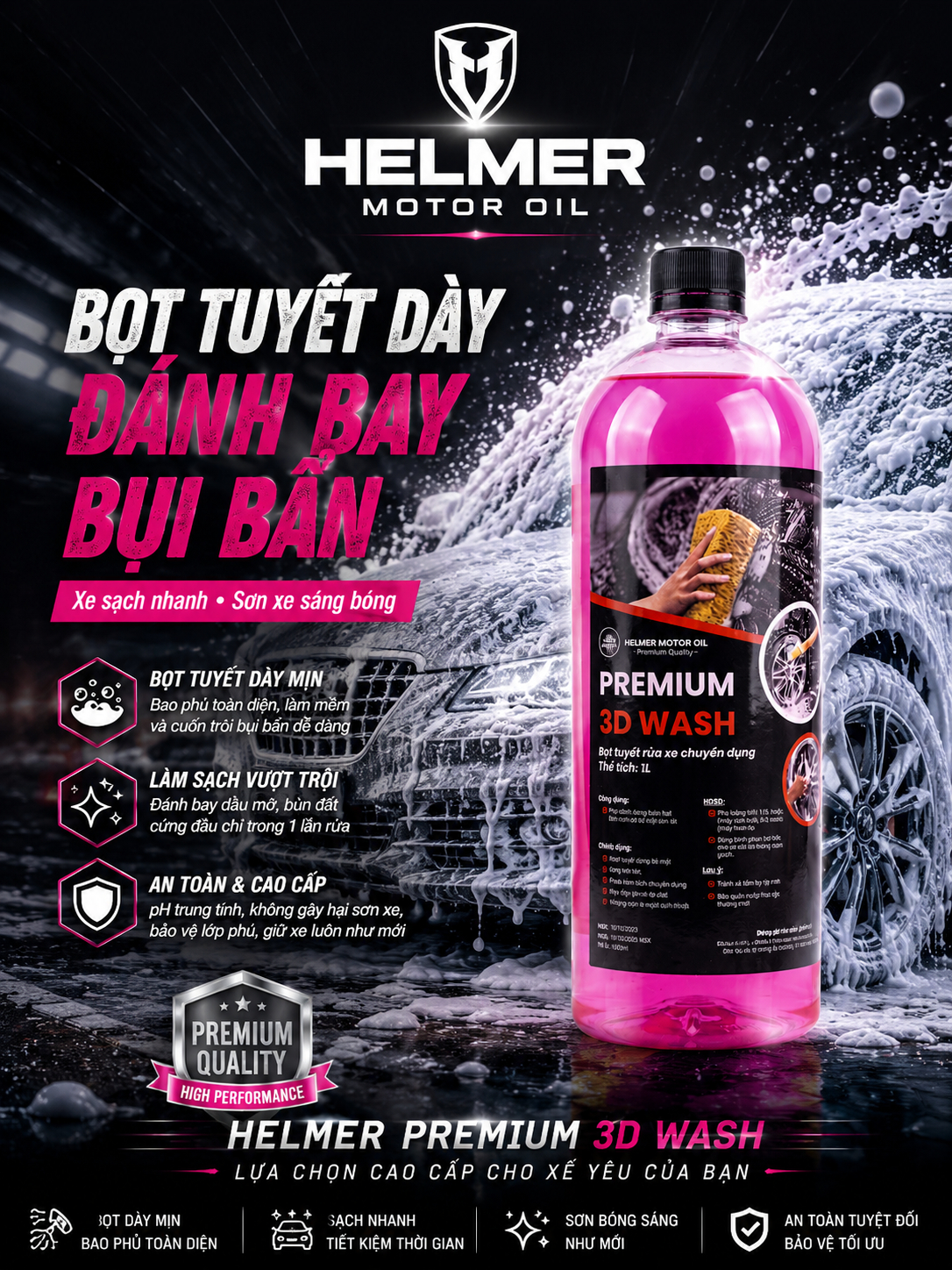 Nước Rửa Xe Bọt Tuyết Helmer Premium 3D Wash 1L – Dung Dịch Rửa Xe Ô Tô Xe Máy Siêu Sạch - Ảnh 6