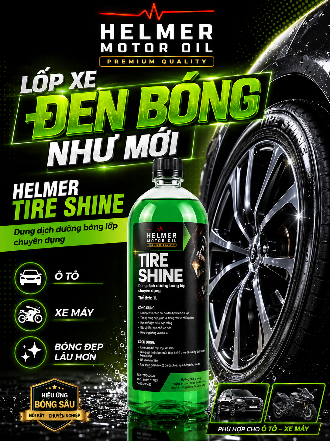 dầu động cơ Dung Dịch Dưỡng Bóng Lốp Ô Tô Xe Máy Helmer Tire Shine 1L – Làm Đen, Chống Bám Bụi