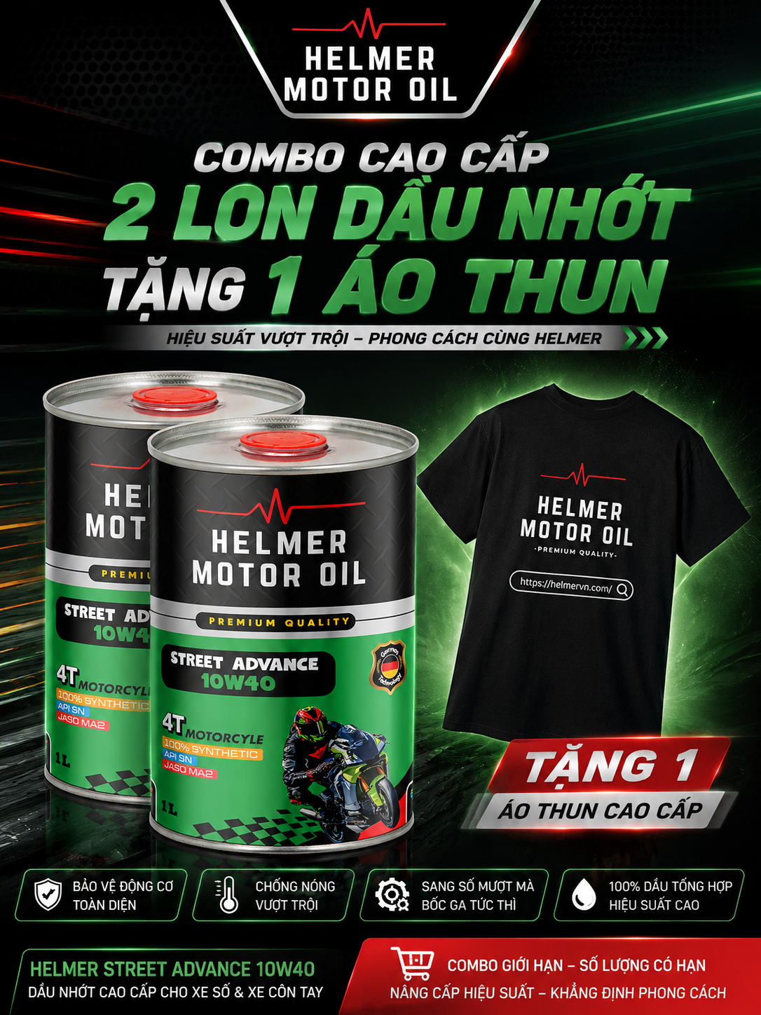 dầu động cơ Combo 2 Lon Dầu Nhớt Xe Số/Côn Helmer Street Advance 10W40 - 1000ml