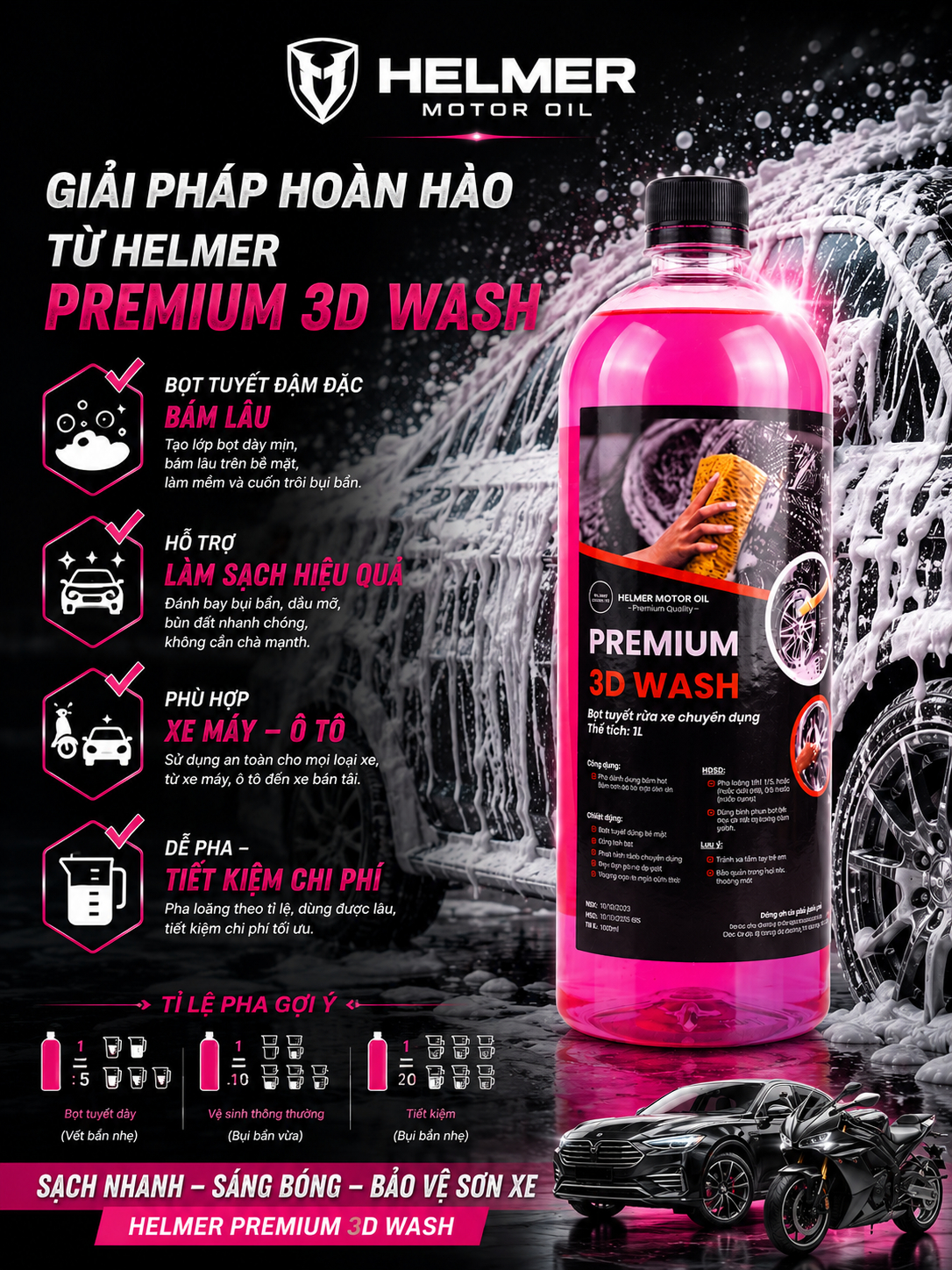 Nước Rửa Xe Bọt Tuyết Helmer Premium 3D Wash 1L – Dung Dịch Rửa Xe Ô Tô Xe Máy Siêu Sạch - Ảnh 4