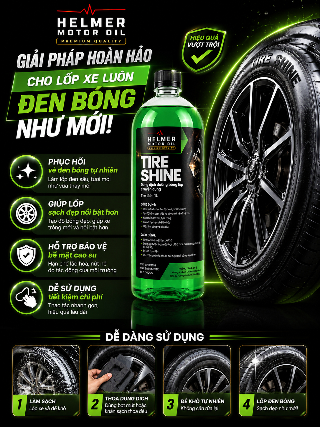 Dung Dịch Dưỡng Bóng Lốp Ô Tô Xe Máy Helmer Tire Shine 1L – Làm Đen, Chống Bám Bụi - Ảnh 4