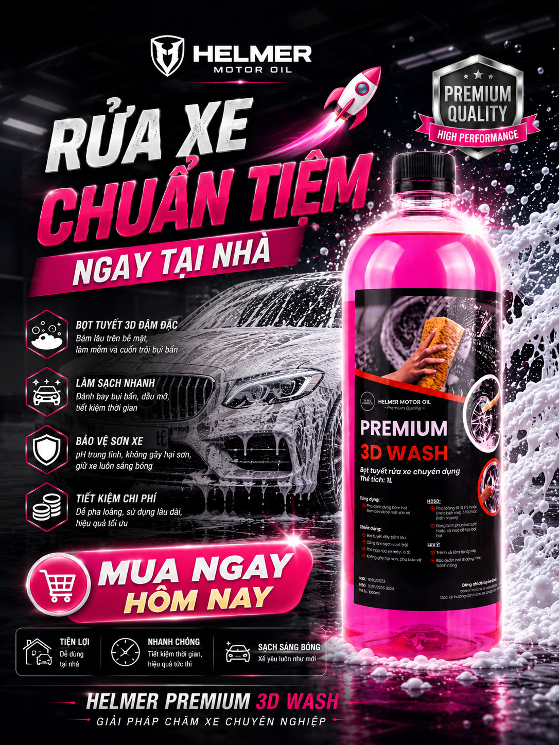 Nước Rửa Xe Bọt Tuyết Helmer Premium 3D Wash 1L – Dung Dịch Rửa Xe Ô Tô Xe Máy Siêu Sạch - Ảnh 2