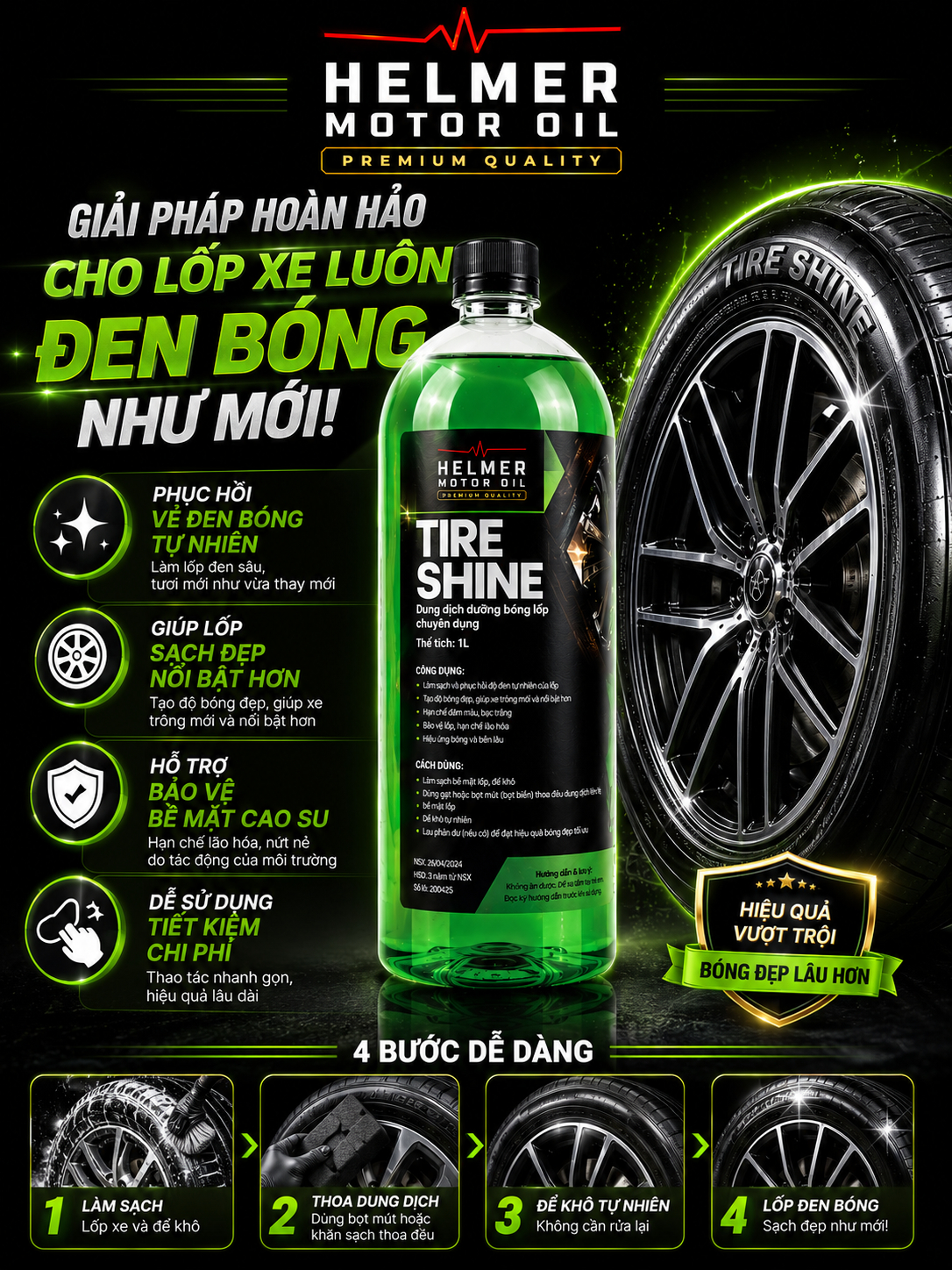 Dung Dịch Dưỡng Bóng Lốp Ô Tô Xe Máy Helmer Tire Shine 1L – Làm Đen, Chống Bám Bụi - Ảnh 3