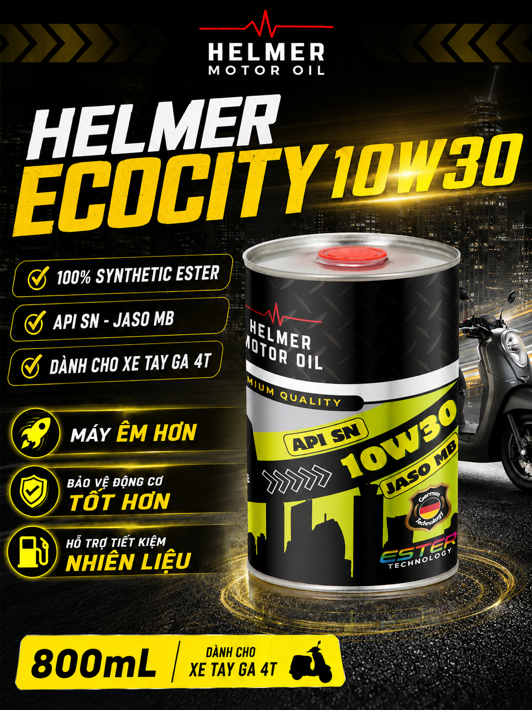 Dầu Nhớt Xe Tay Ga Helmer Ecocity 10W30 100% tổng hợp Ester - 800ML