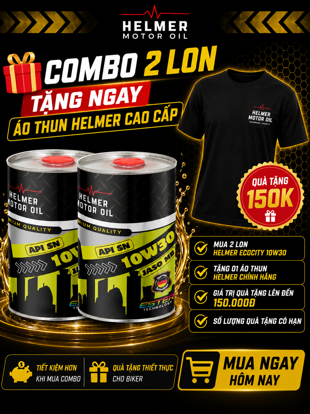 Combo 2 Lon Dầu Nhớt Xe Tay Ga Helmer Ecocity 10W30 100% tổng hợp Ester - 800ML