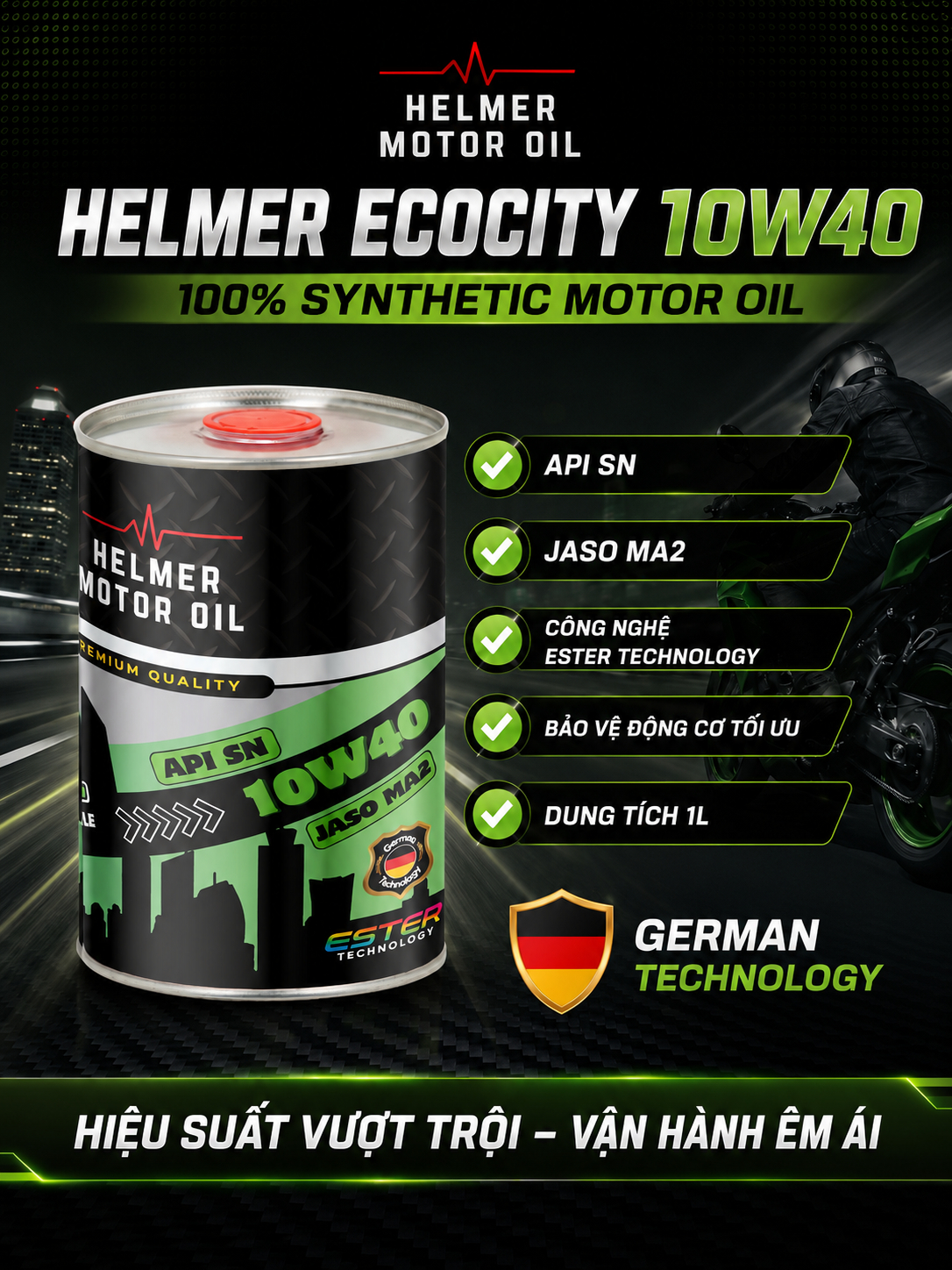 Dầu Nhớt Xe Số, Xe Côn Tay Helmer Ecocity 10W40 100% tổng hợp Ester - 1000ML