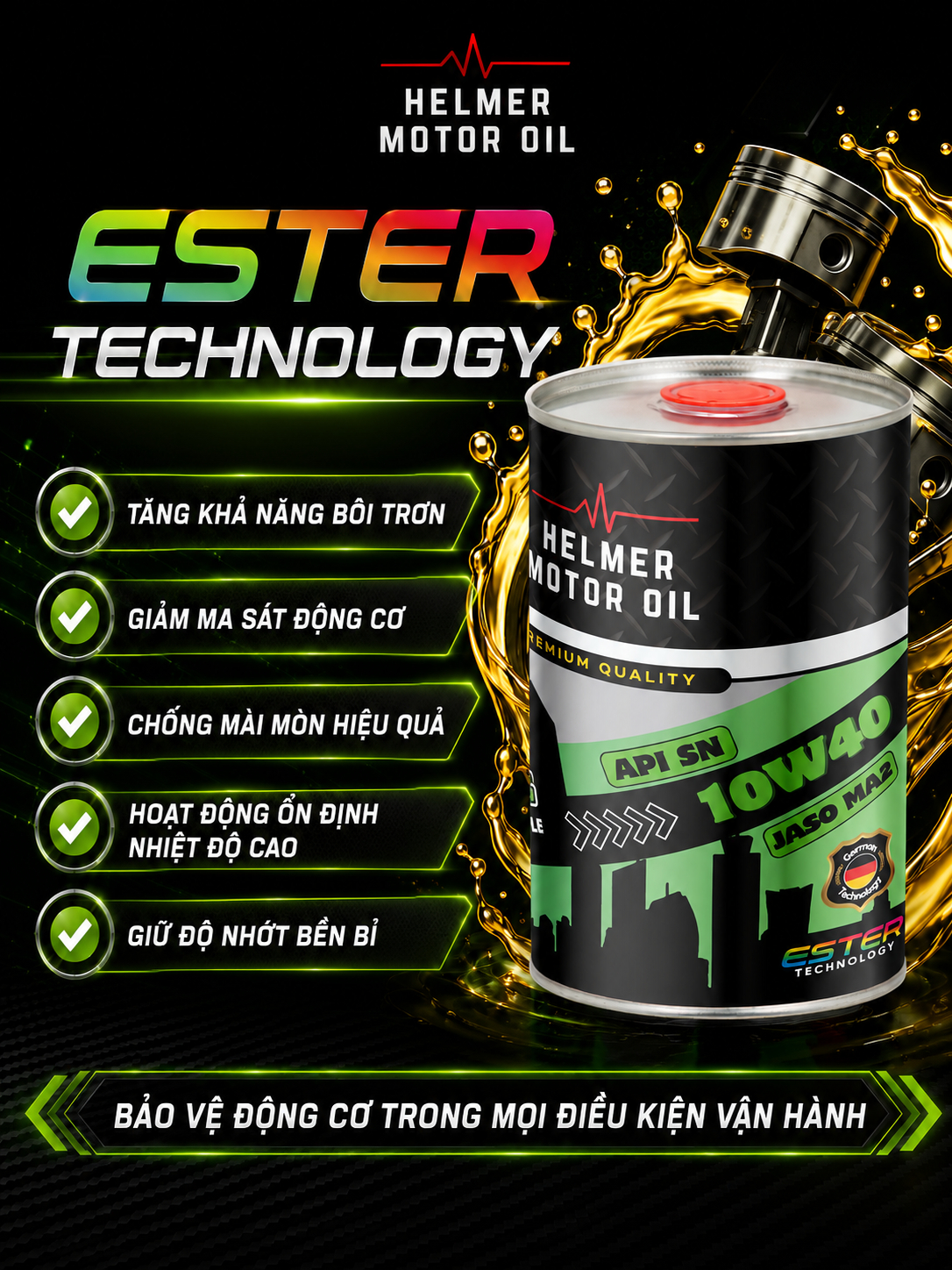Dầu Nhớt Xe Số Dầu Nhớt Xe Số, Xe Côn Tay Helmer Ecocity 10W40 100% tổng hợp Ester - 1000ML - Ảnh 3