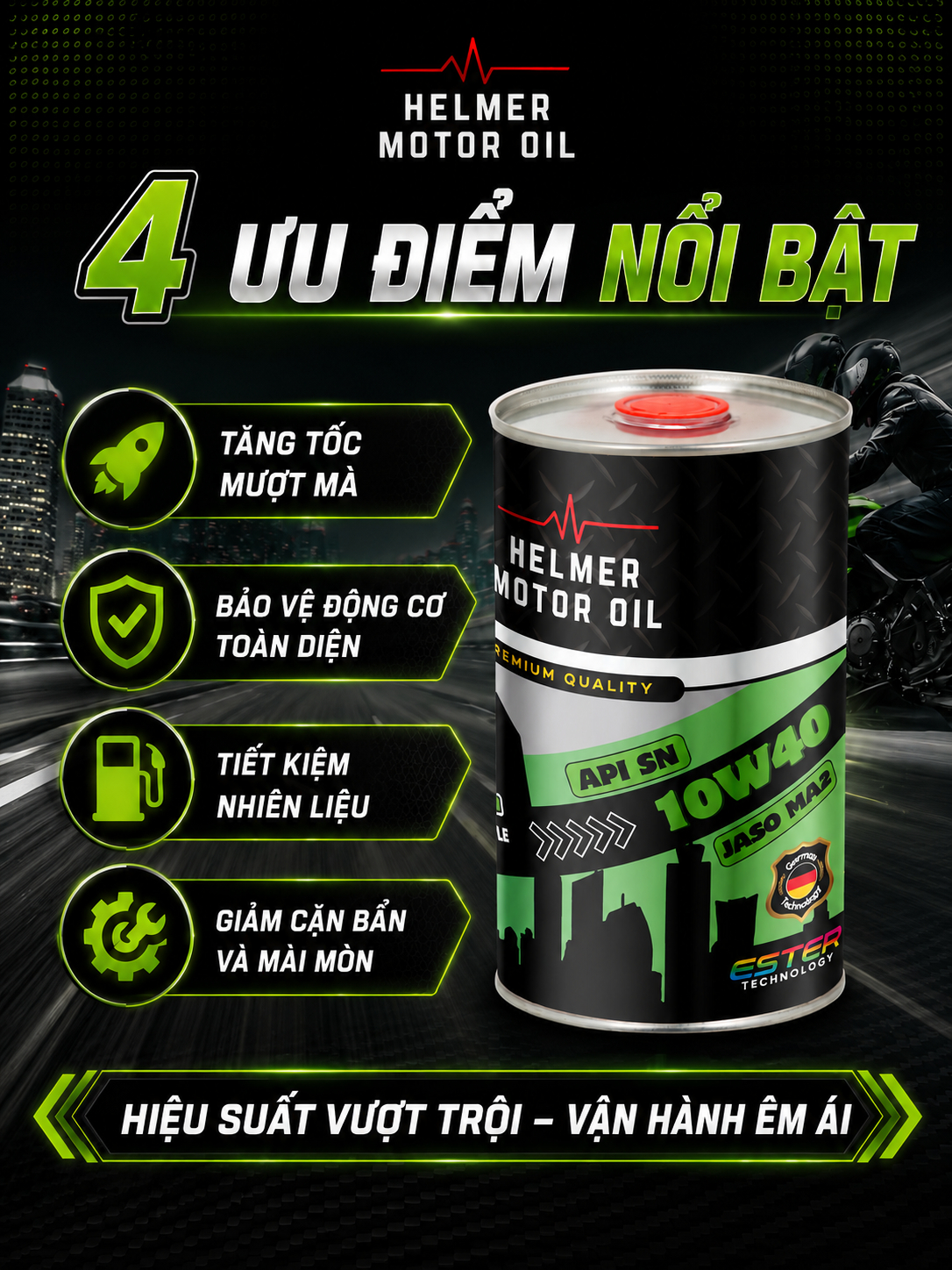 Dầu Nhớt Xe Số Dầu Nhớt Xe Số, Xe Côn Tay Helmer Ecocity 10W40 100% tổng hợp Ester - 1000ML - Ảnh 4