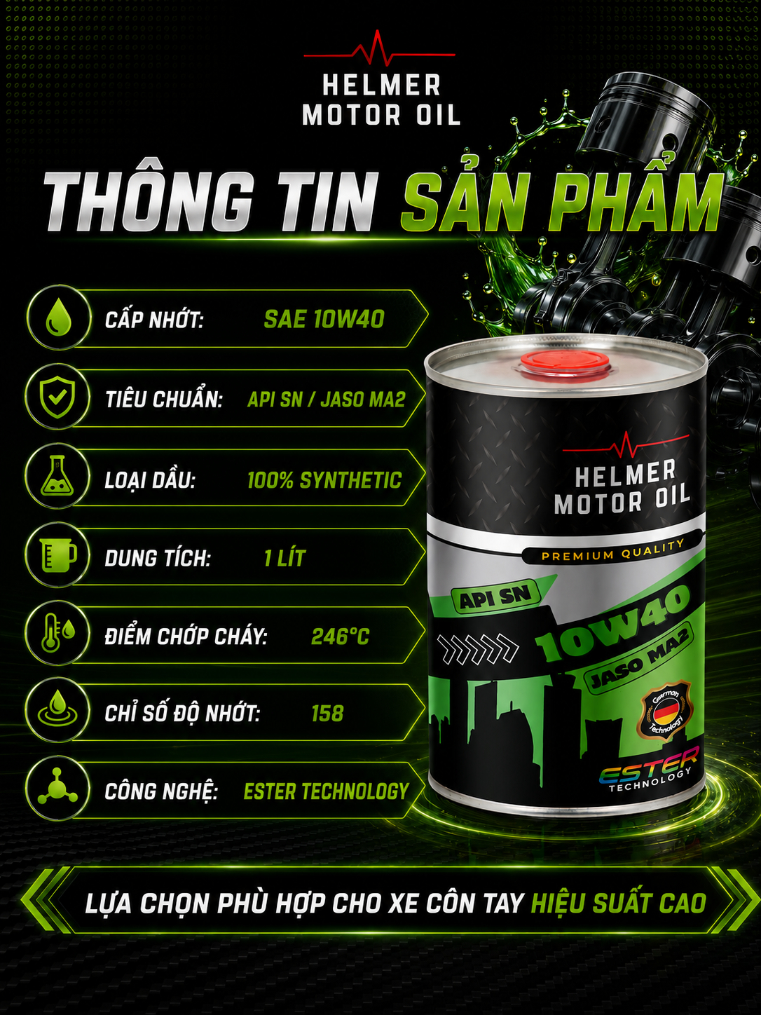 Dầu Nhớt Xe Số Dầu Nhớt Xe Số, Xe Côn Tay Helmer Ecocity 10W40 100% tổng hợp Ester - 1000ML - Ảnh 5