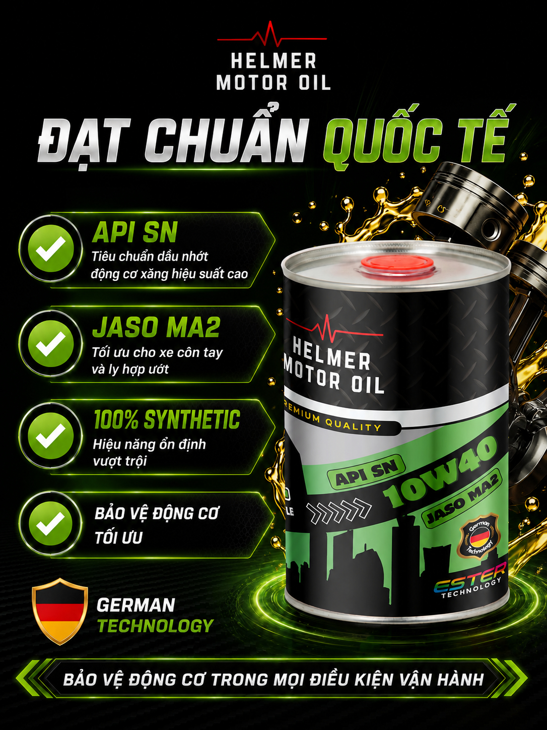 Dầu Nhớt Xe Số Dầu Nhớt Xe Số, Xe Côn Tay Helmer Ecocity 10W40 100% tổng hợp Ester - 1000ML - Ảnh 2