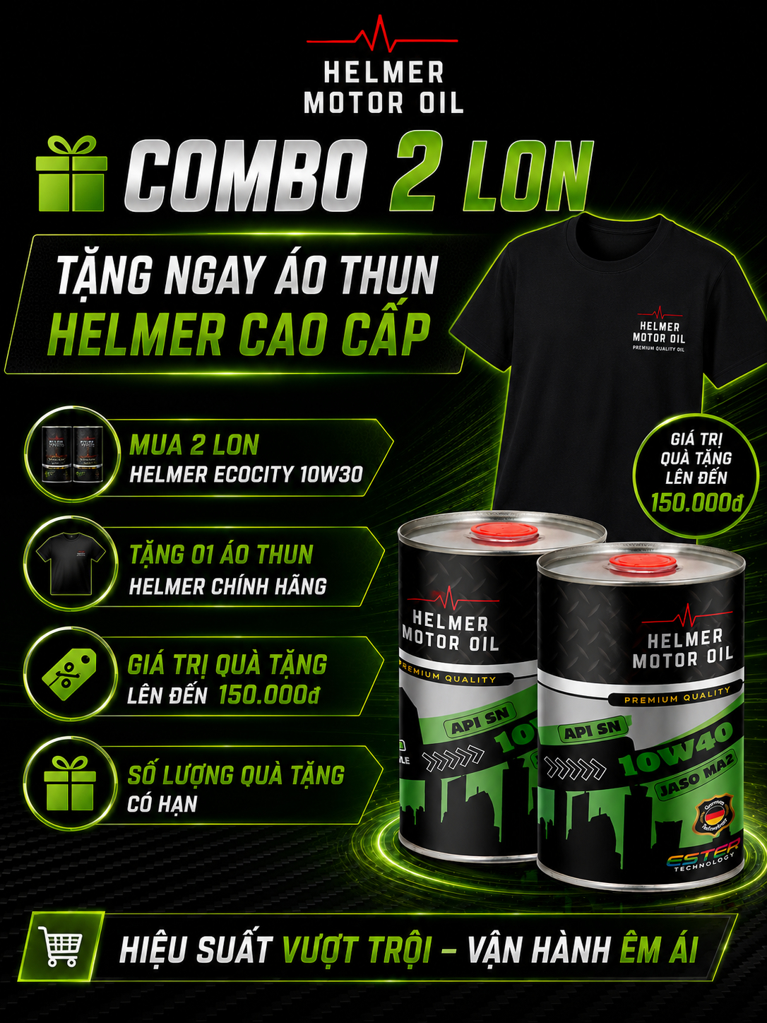 Combo 2 Lon Dầu Nhớt Xe Số, Xe Côn Tay Helmer Ecocity 10W40 100% tổng hợp Ester - 1000ML