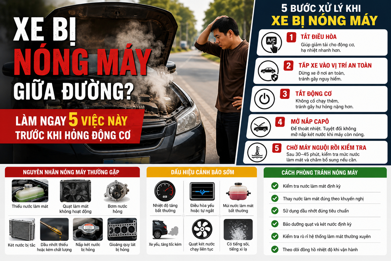 Xe bị nóng máy giữa đường phải làm gì? Tìm hiểu nguyên nhân, dấu hiệu nhận biết và 5 bước xử lý đúng cách để tránh hỏng động cơ tốn kém.
