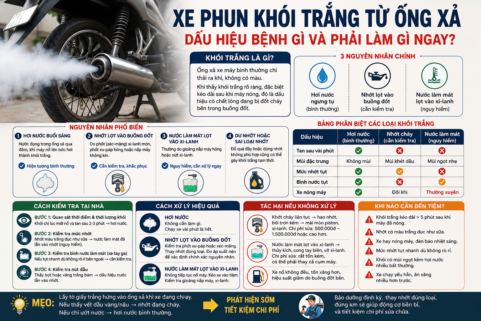 Xe phun khói trắng từ ống xả có nguy hiểm không? Tìm hiểu nguyên nhân, dấu hiệu nhận biết và cách xử lý để tránh hỏng động cơ tốn kém.