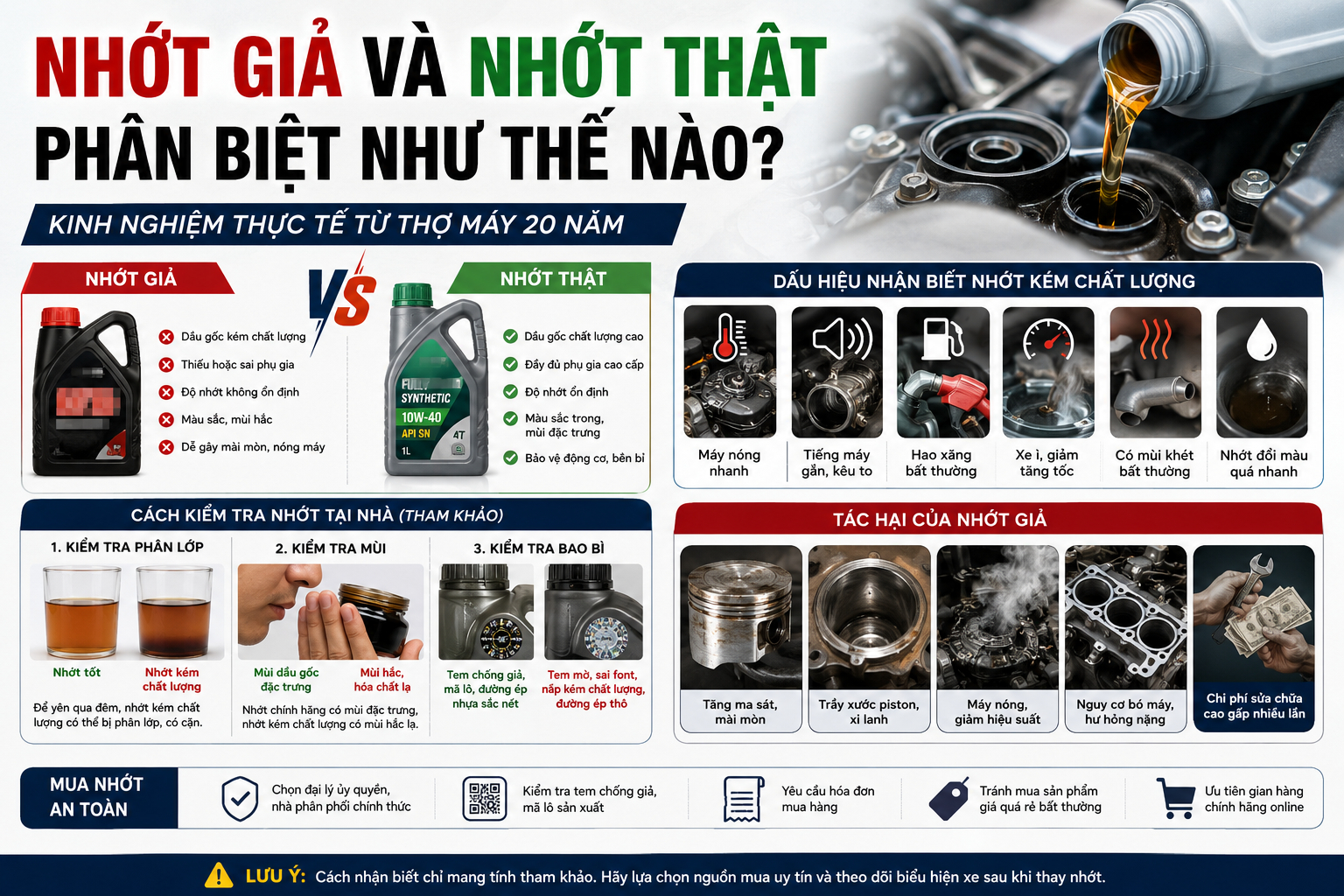 Cách nhớt giả và nhớt thật phân biệt như thế nào ? từ kinh nghiệm thợ sửa xe 20 năm. Dấu hiệu nhận biết, cách kiểm tra tại nhà và xử lý khi nghi ngờ nhớt kém chất lượng.