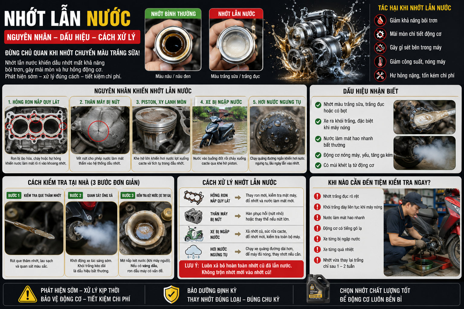 Nhớt lẫn nước khiến dầu nhớt chuyển màu trắng sữa, giảm khả năng bôi trơn và gây hư hỏng động cơ. Tìm hiểu nguyên nhân, dấu hiệu và cách xử lý hiệu quả.